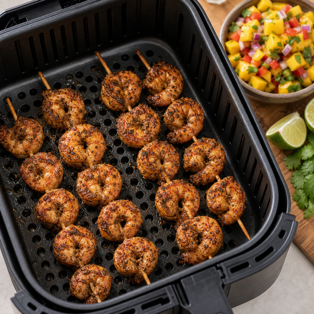 Air Fryer Spicy Caribbean Jerk Shrimp Skewers with Mango Salsa cooking in the air fryer