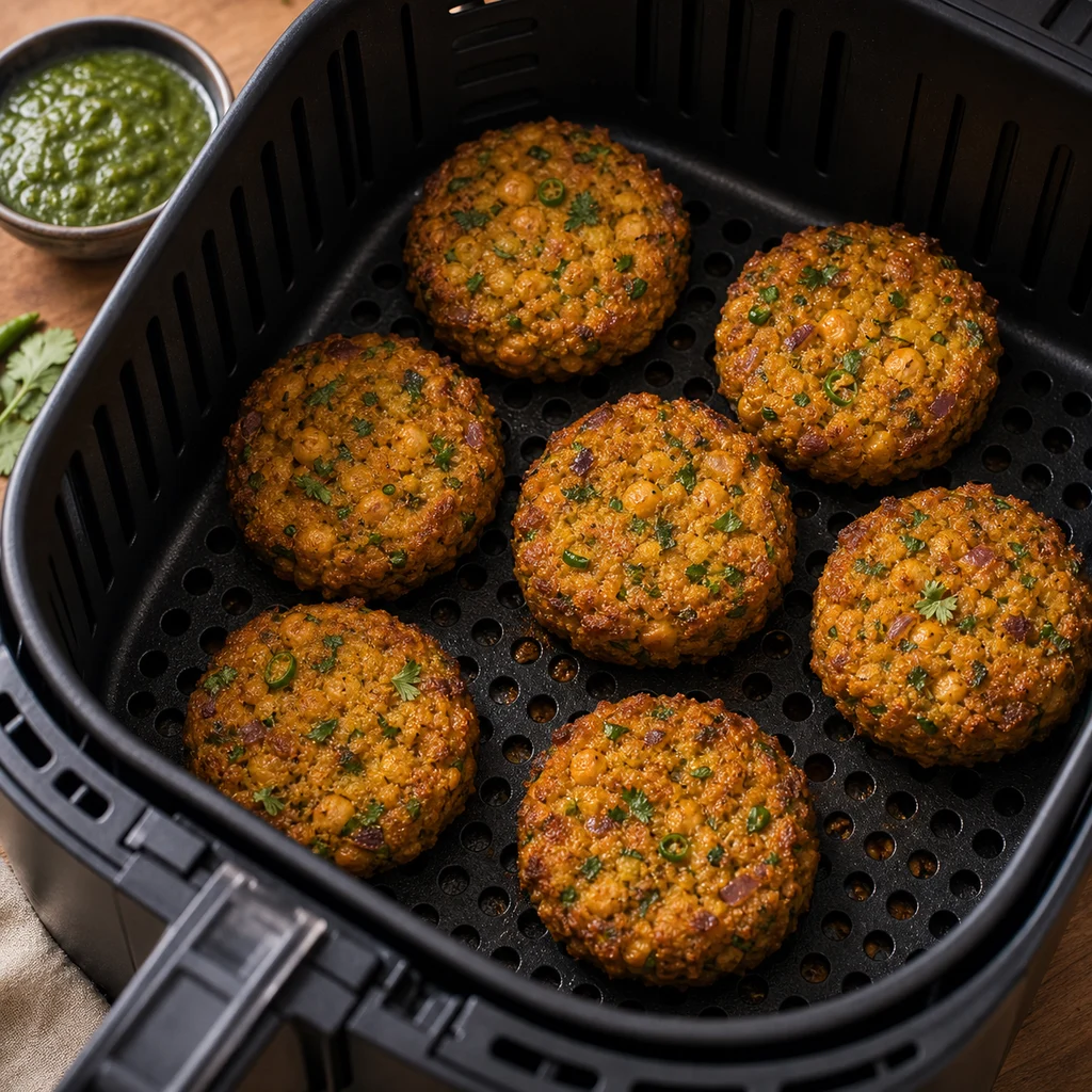 Air Fryer Spicy Indian Masala Chickpea Snack Cakes cooking in the air fryer