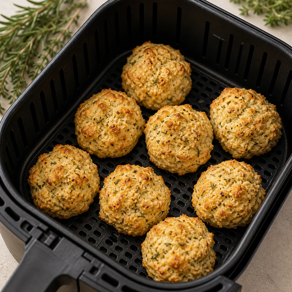 Air Fryer Mediterranean Savory Herb and Cheese Breakfast Biscuits cooking in the air fryer
