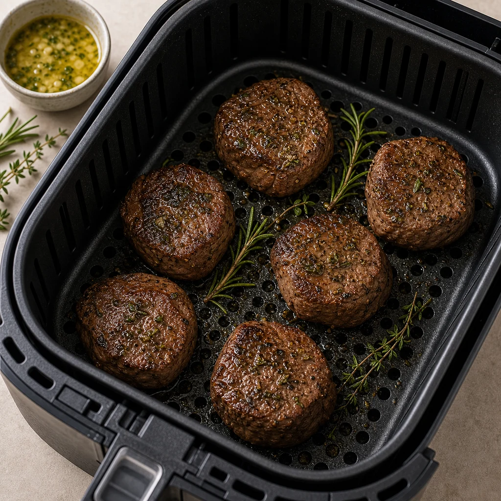 Air Fryer Paleo Herb-Rubbed Bison Tenderloin Medallions cooking in the air fryer