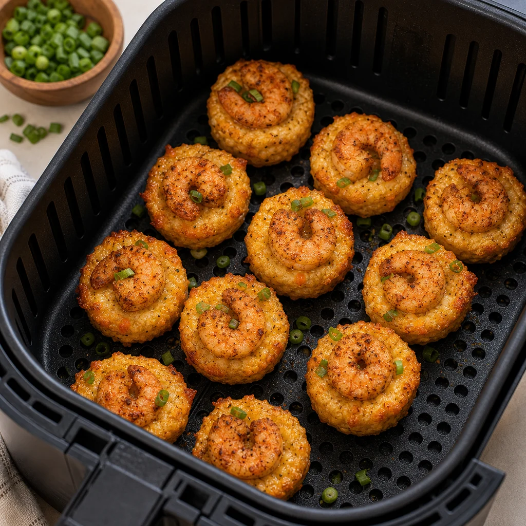 Air Fryer Southern Style Shrimp and Grits Bites cooking in the air fryer