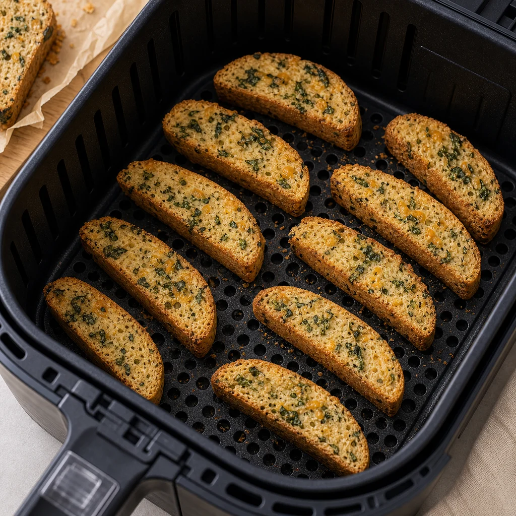 Air Fryer Savory Cheddar and Spinach Biscotti cooking in the air fryer