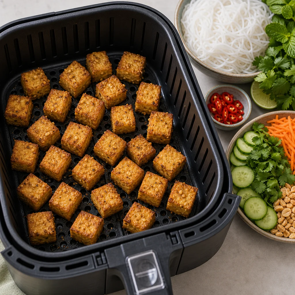 Air Fryer Vietnamese Lemongrass Tofu Vermicelli Salad cooking in the air fryer