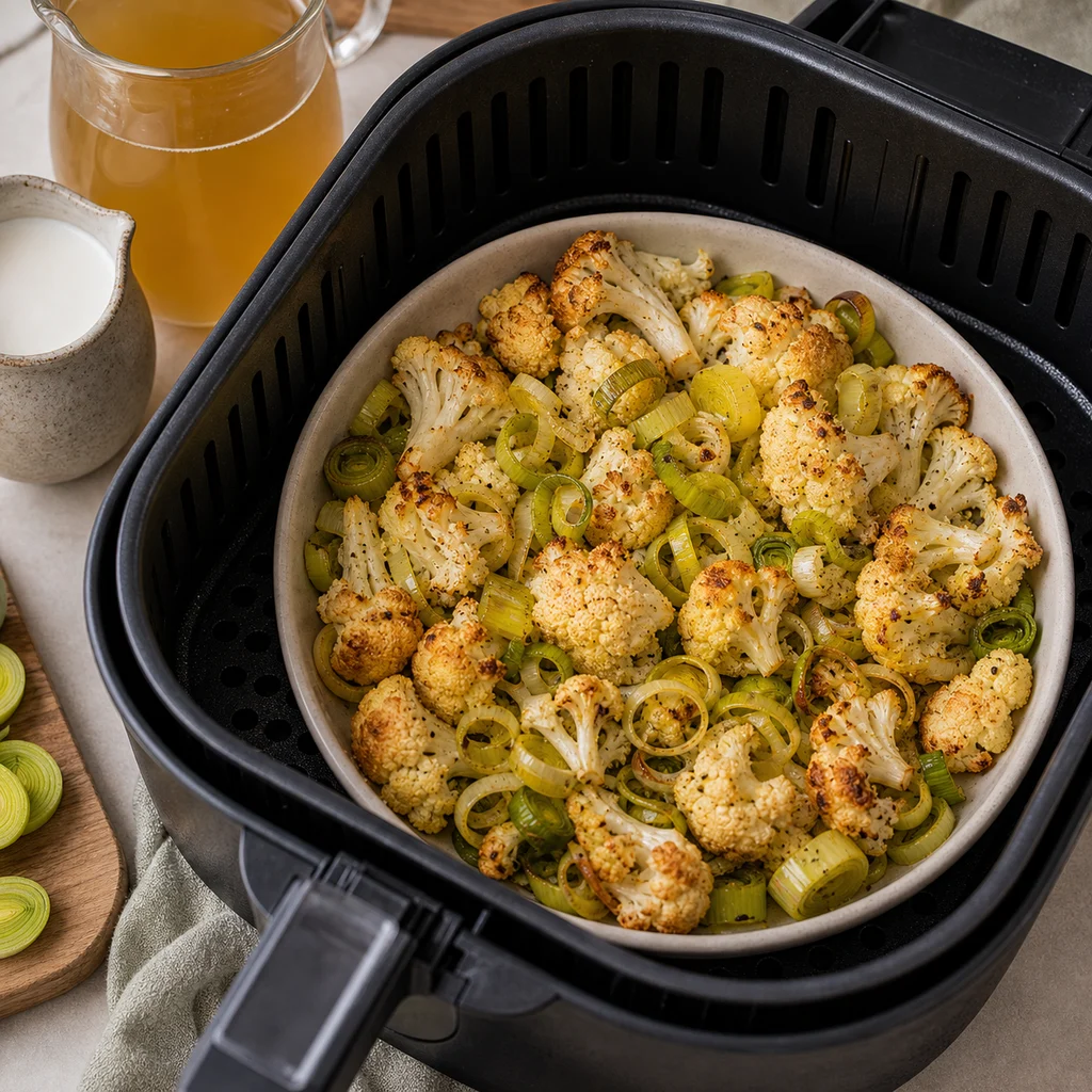 Air Fryer One-Pot Creamy Cauliflower and Leek Soup cooking in the air fryer