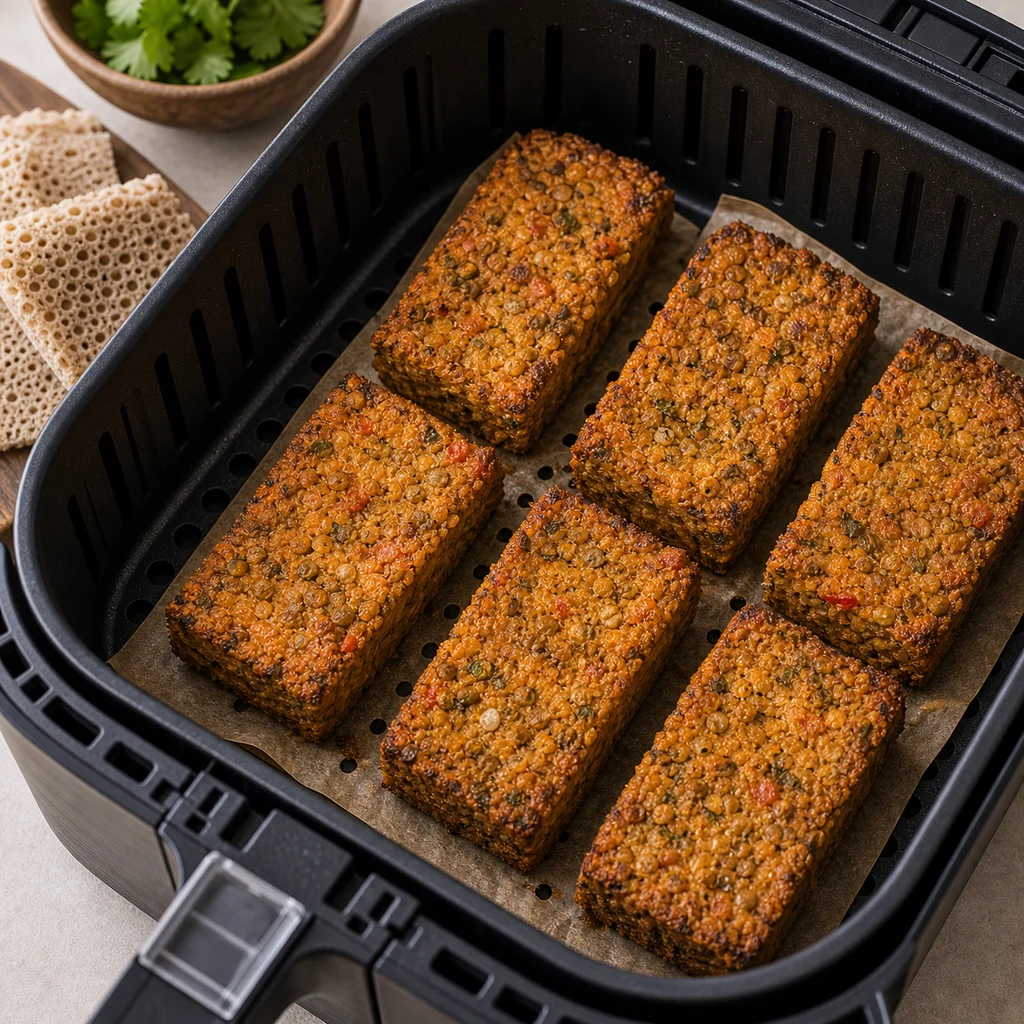 Air Fryer Spiced Ethiopian Lentil and Injera Breakfast Bars cooking in the air fryer