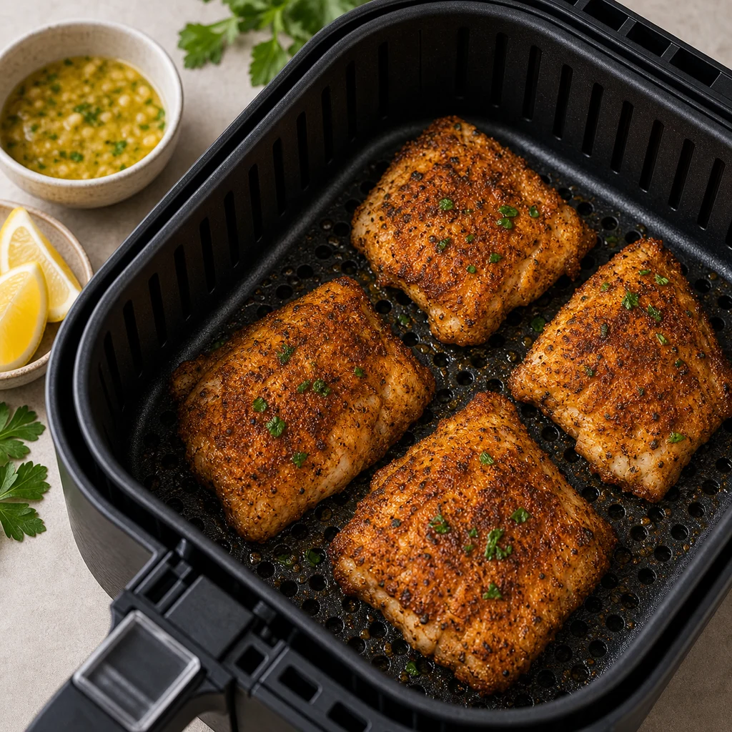 Air Fryer Spicy Cajun Catfish Thighs with Garlic Butter Sauce cooking in the air fryer