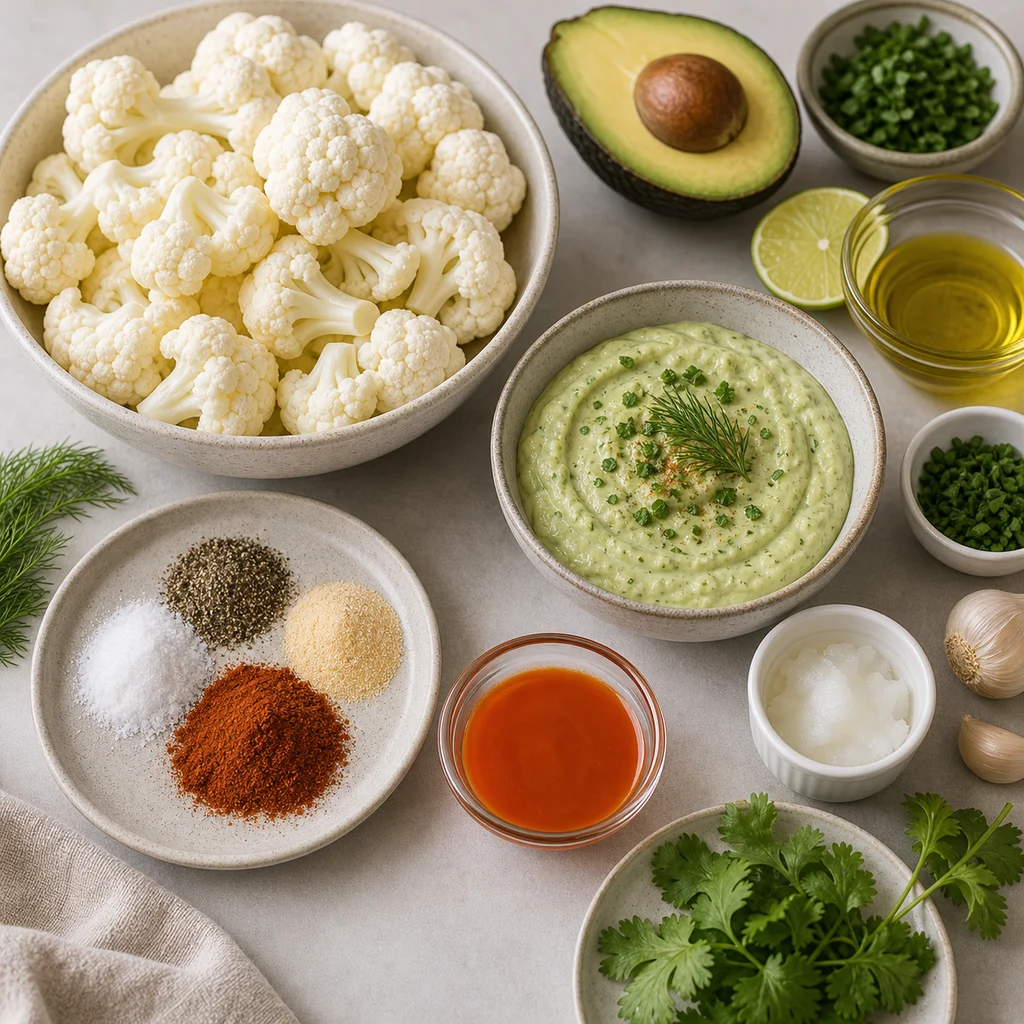 Ingredients for Air Fryer Paleo Buffalo Cauliflower Bites with Avocado Ranch Dip