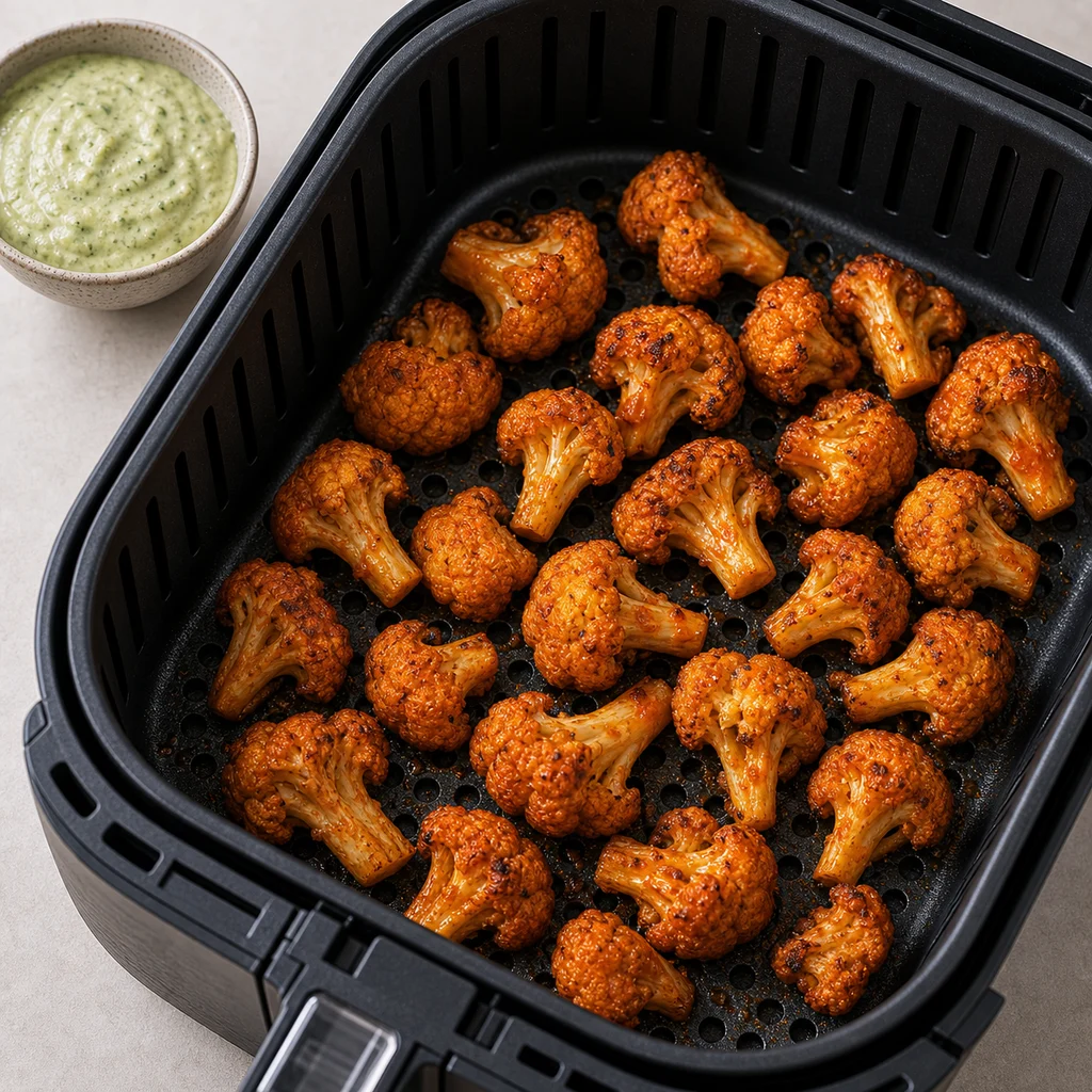 Air Fryer Paleo Buffalo Cauliflower Bites with Avocado Ranch Dip cooking in the air fryer