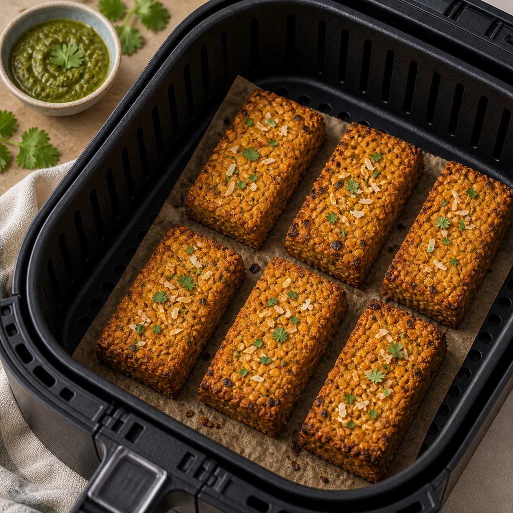 Air Fryer Vegetarian Coconut Curry Lentil Bars cooking in the air fryer