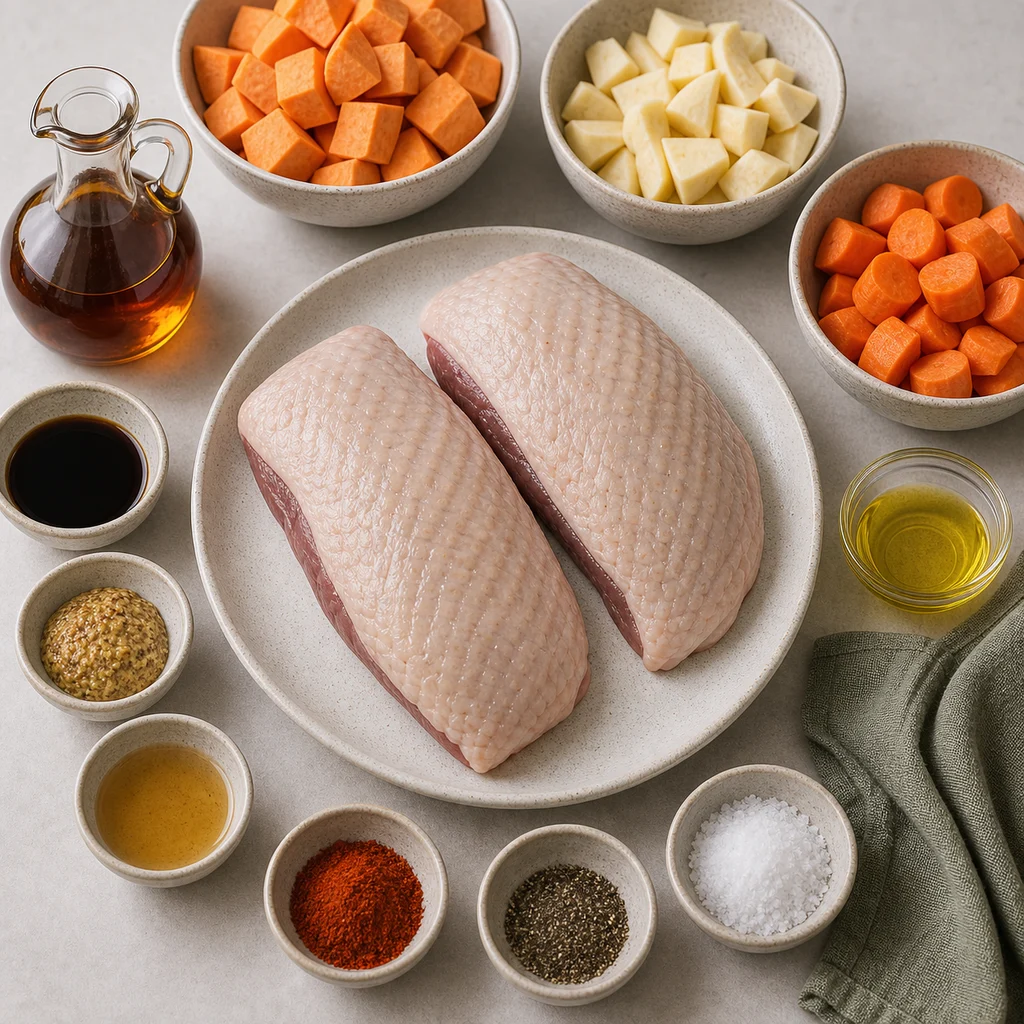 Ingredients for Air Fryer Paleo Maple-Glazed Duck Breast with Roasted Root Vegetables