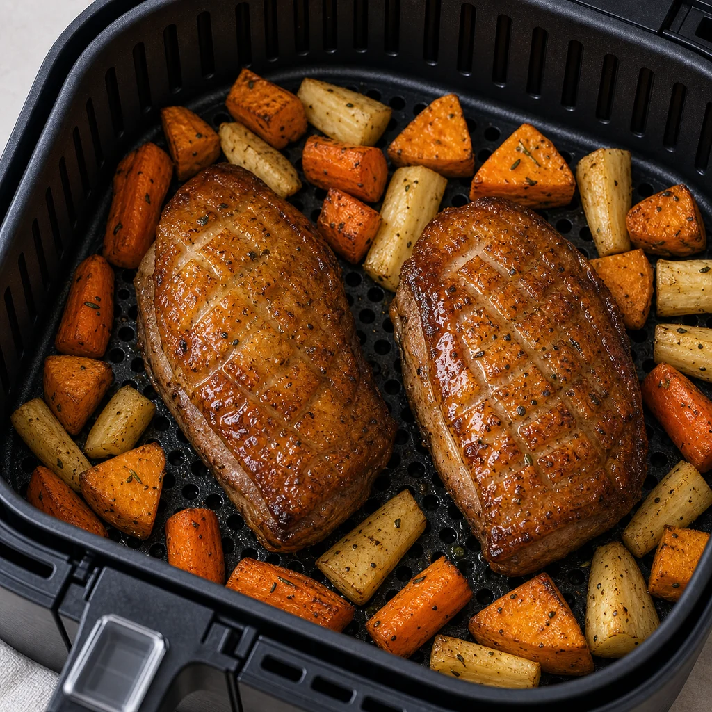 Air Fryer Paleo Maple-Glazed Duck Breast with Roasted Root Vegetables cooking in the air fryer