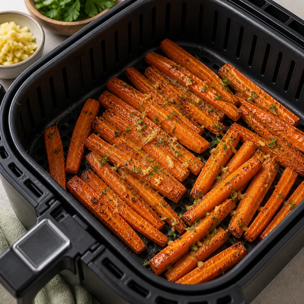 Air Fryer Paleo Ginger and Maple Glazed Carrots cooking in the air fryer