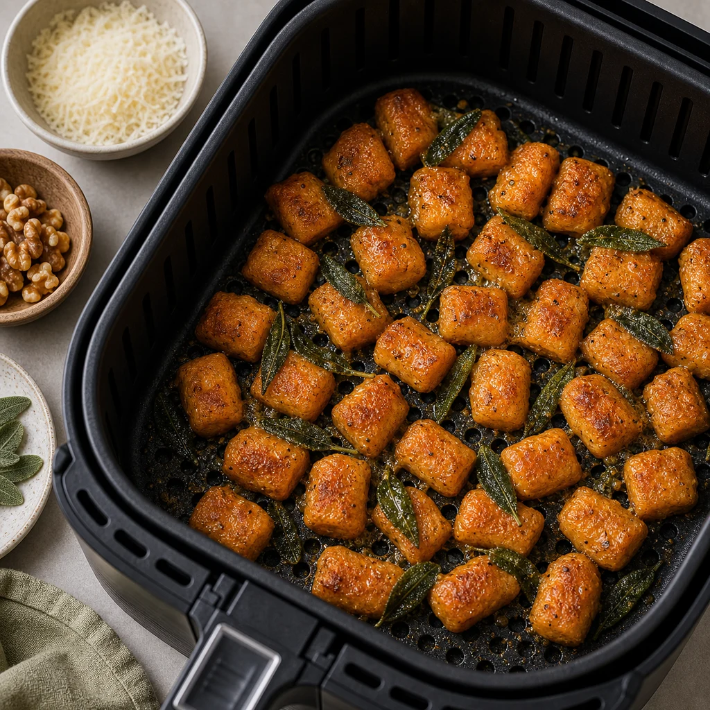 Air Fryer Sweet Potato Gnocchi with Sage Brown Butter cooking in the air fryer