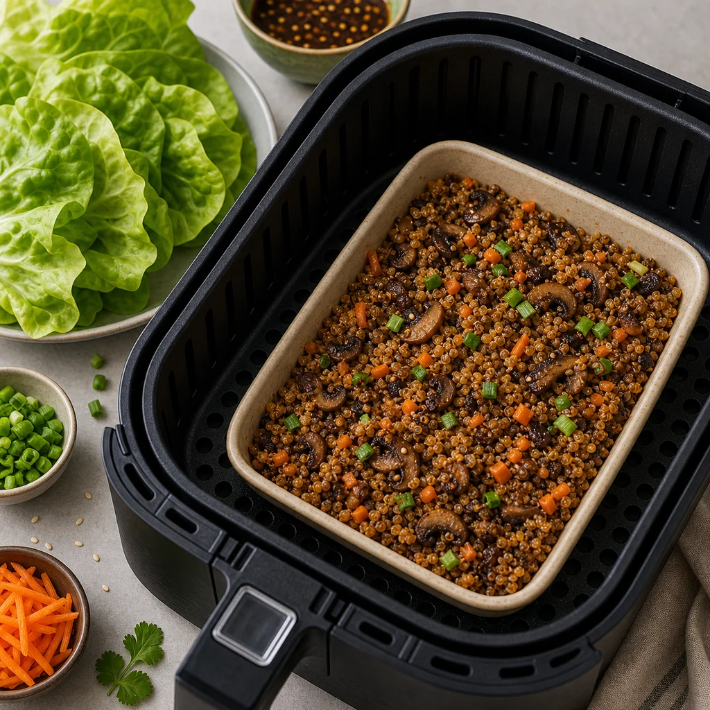 Air Fryer Spiced Asian-Style Quinoa and Mushroom Lettuce Cups cooking in the air fryer