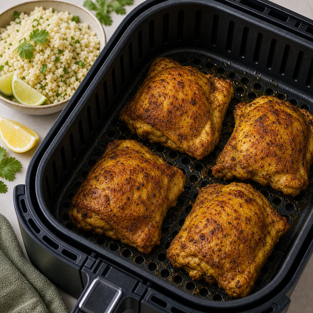 Air Fryer Turmeric-Spiced Chicken Thighs with Cauliflower Rice cooking in the air fryer