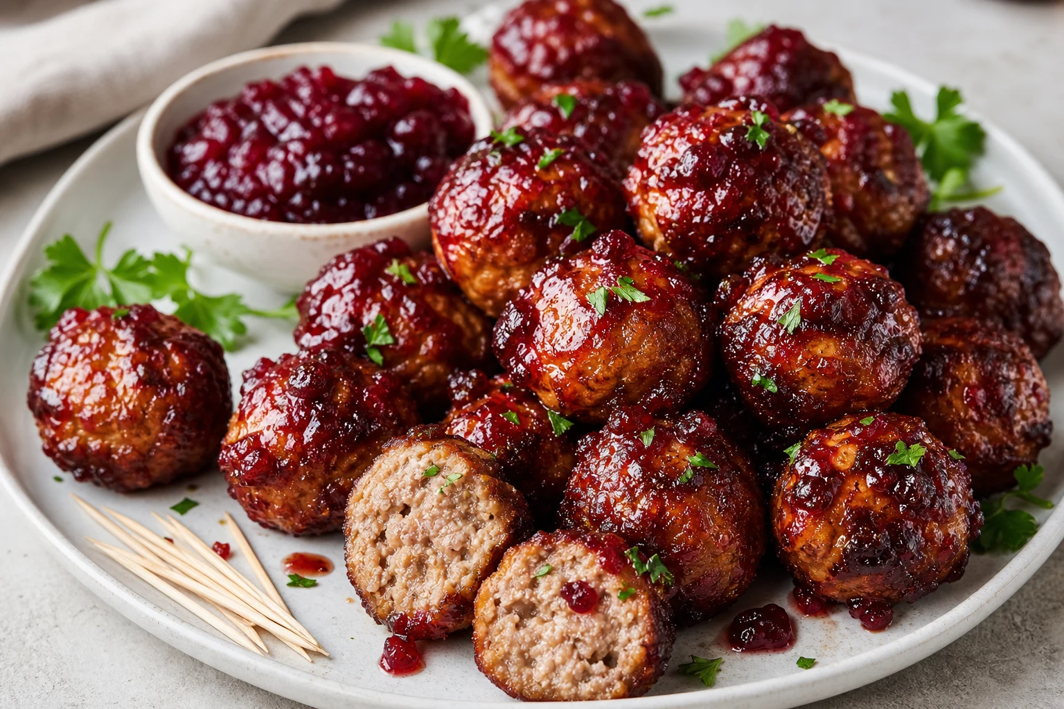 Air fryer meatballs with maple cranberry glaze served as party appetizers