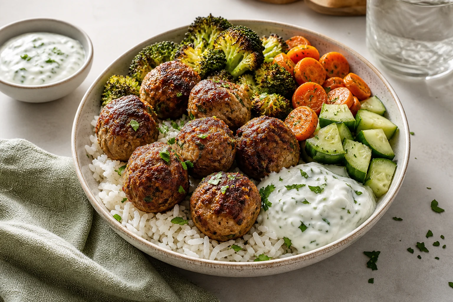Air fryer meatball rice bowl with roasted vegetables and yogurt garlic sauce