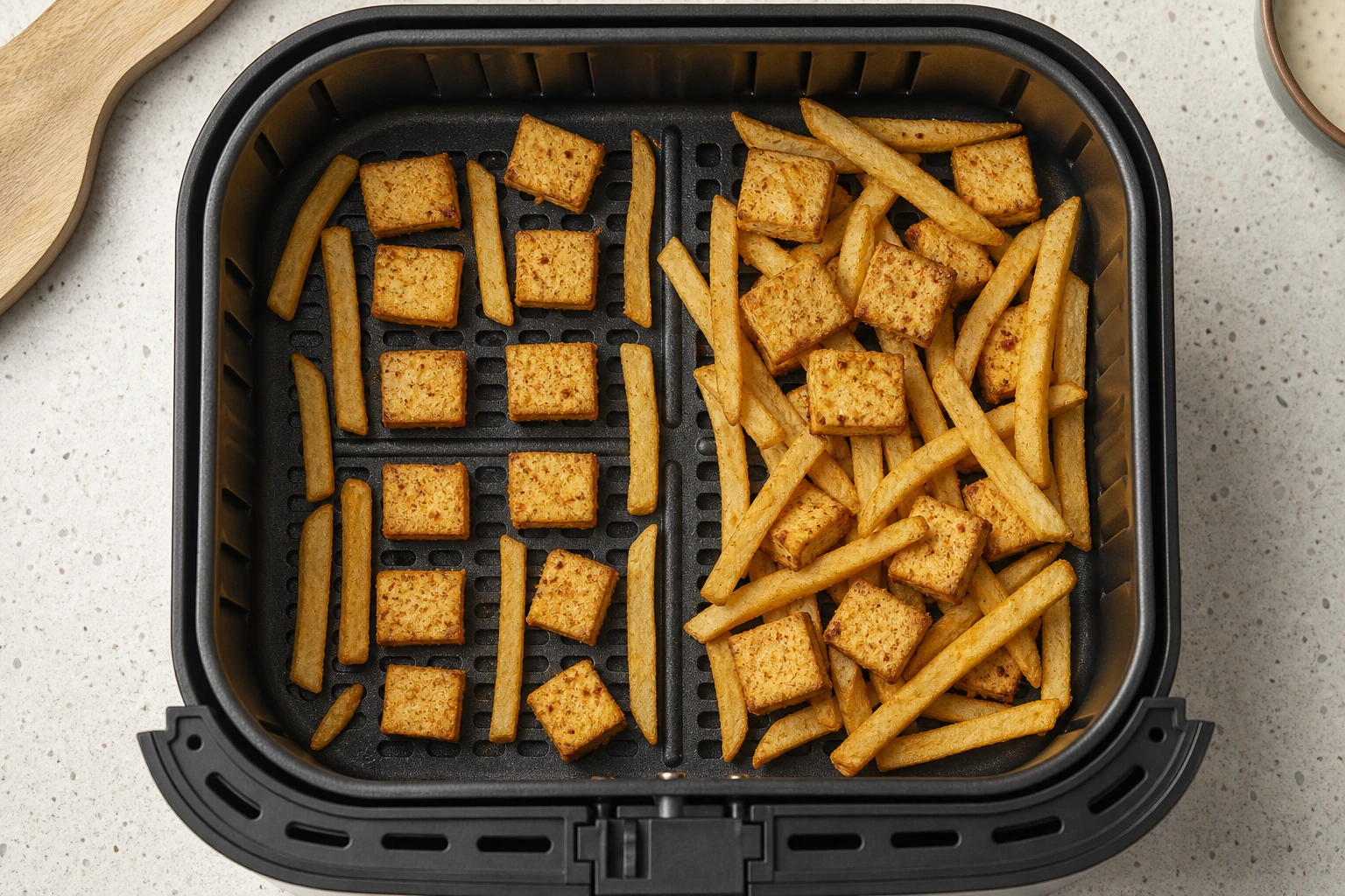 Air fryer basket showing single-layer spacing on one side and slight overlap on the other