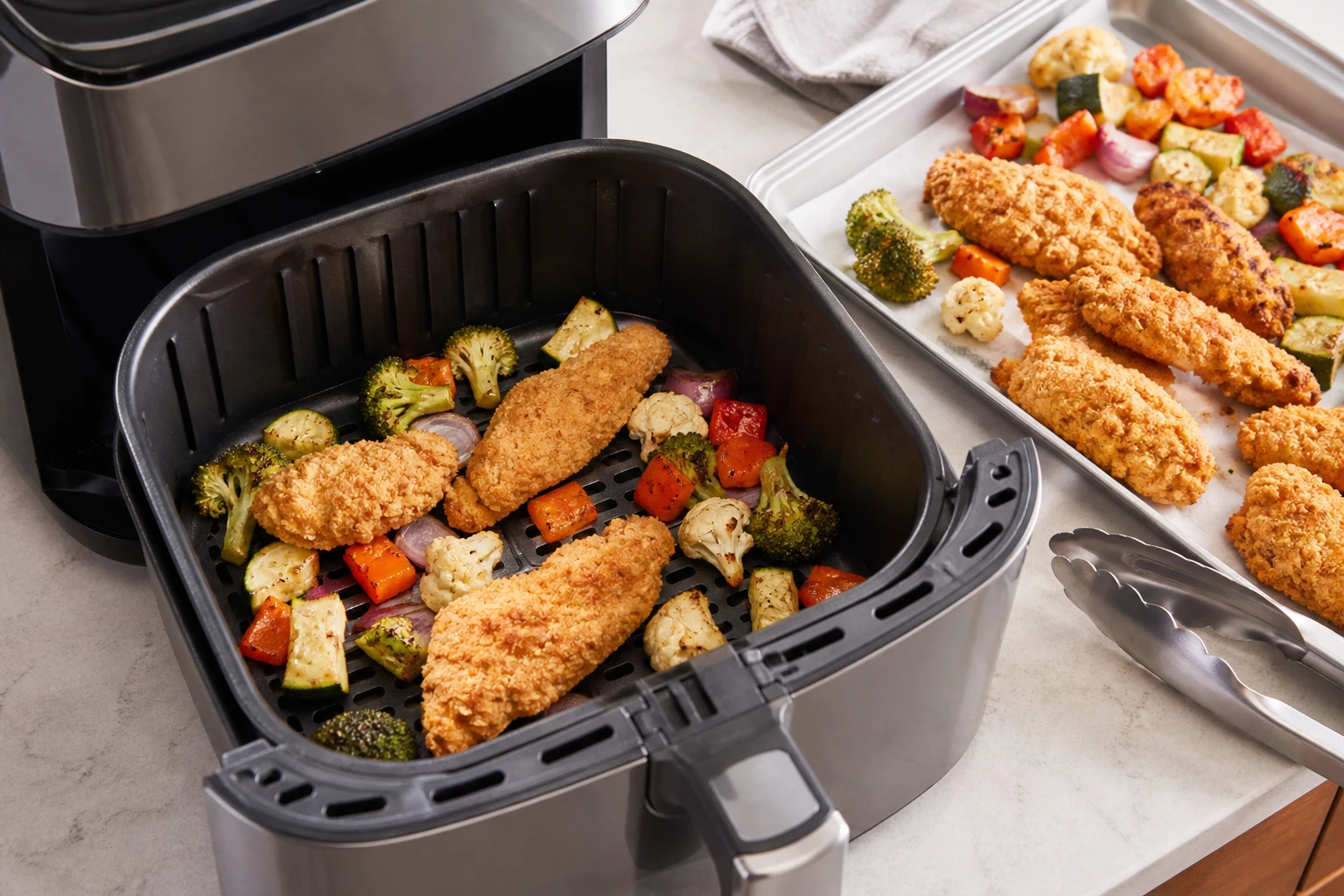 Air fryer basket with a first batch cooking and a tray of extra food waiting beside it