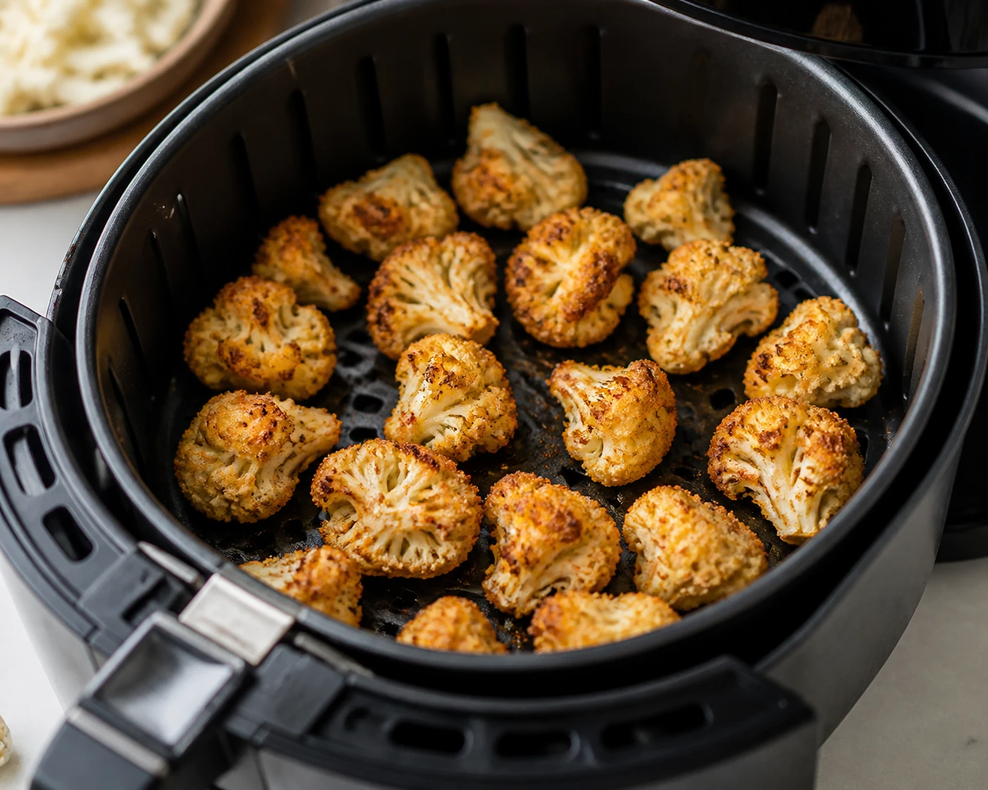 Crispy breaded cauliflower bites spaced in a single layer inside an air fryer basket