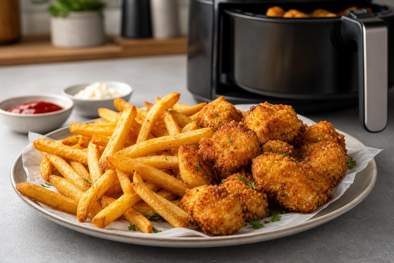 Crispy fries and breaded bites served with sauces on the side after air frying