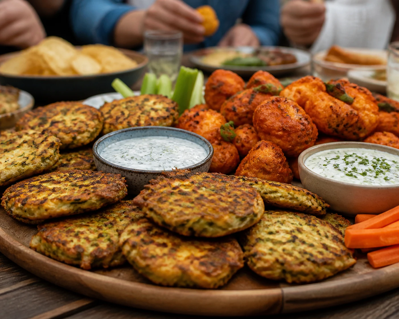 Appetizer board with zucchini fritters, buffalo cauliflower bites, and creamy dips