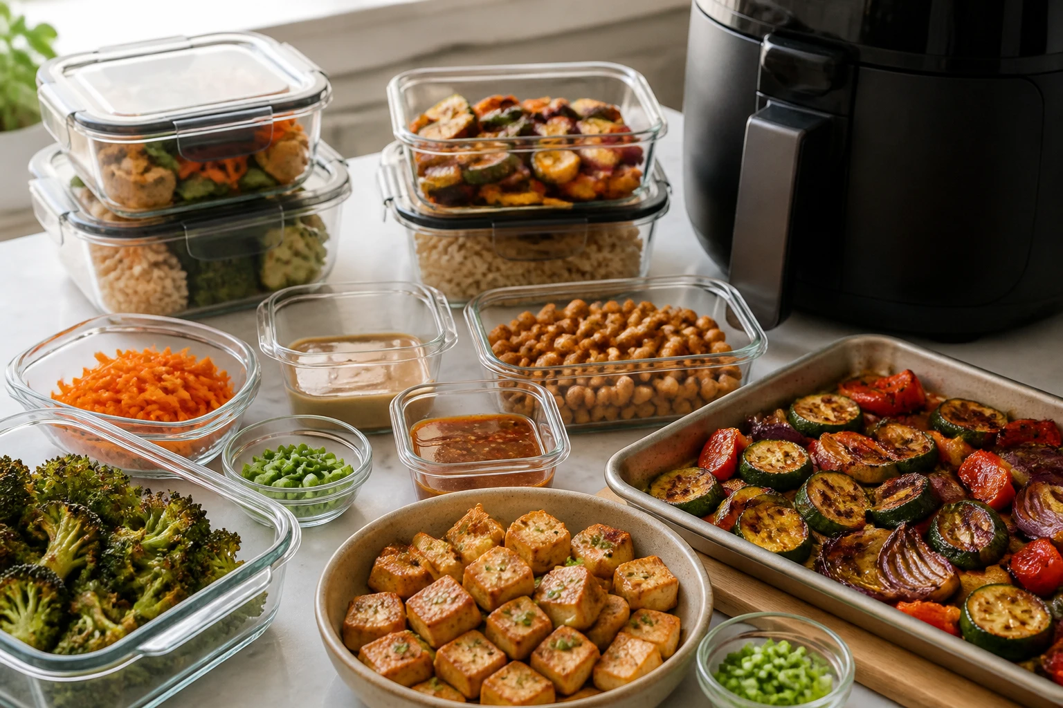 Weekly lunch containers with sliced chicken, broccoli, and sweet potato for meal prep