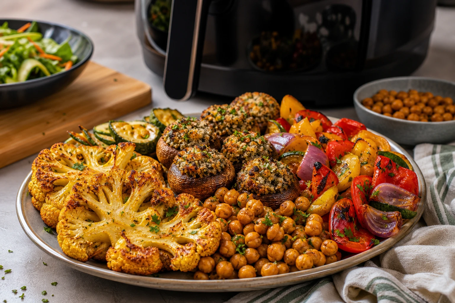 Crispy tofu dinner plate with vegetables and creamy sauce