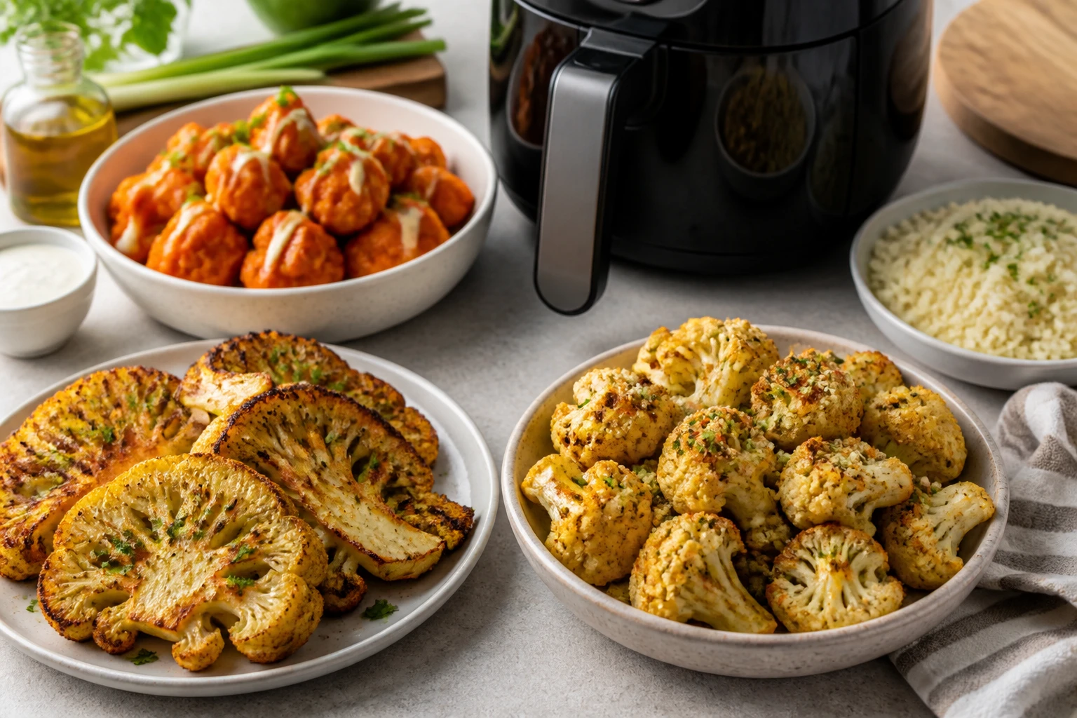 Small cake, ramekin cakes, and cookies arranged near an air fryer