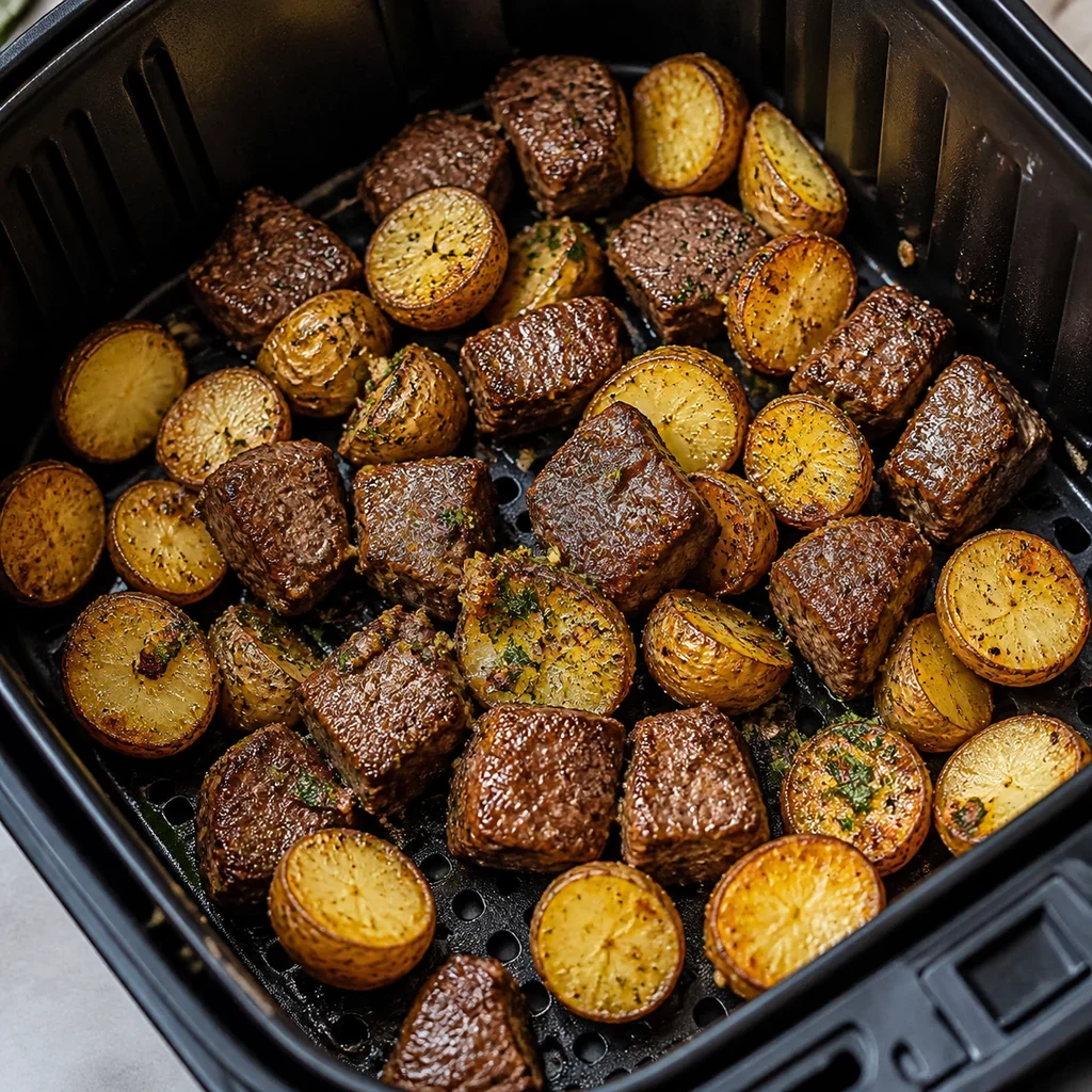 Steak bites and potatoes cooking in the air fryer basket