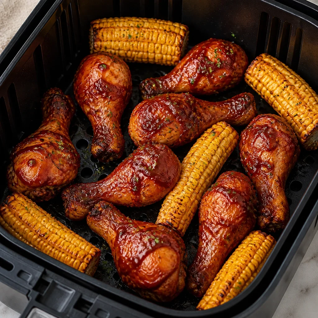 Air Fryer Father's Day BBQ Chicken Drumsticks with Corn Ribs cooking in the air fryer