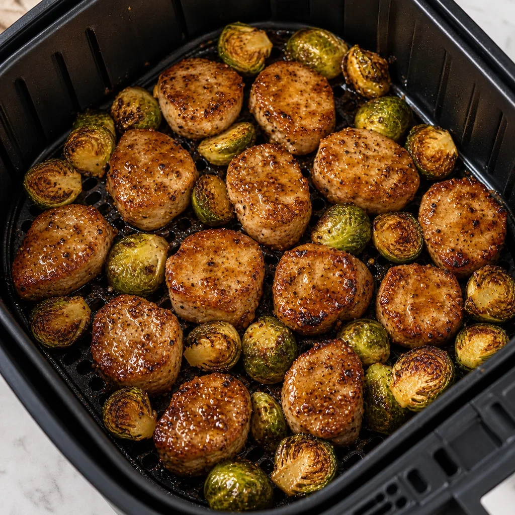 Air Fryer Maple Mustard Pork Tenderloin Medallions cooking in the air fryer