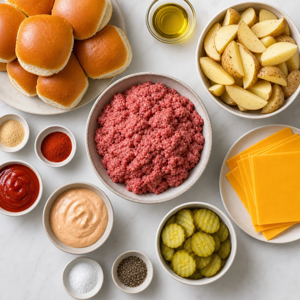 Ingredients for Air Fryer Father's Day Cheeseburger Sliders with Potato Wedges