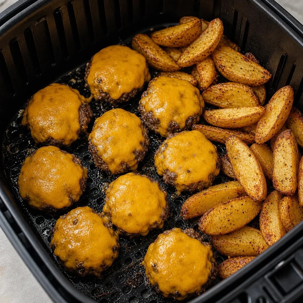 Air Fryer Father's Day Cheeseburger Sliders with Potato Wedges cooking in the air fryer