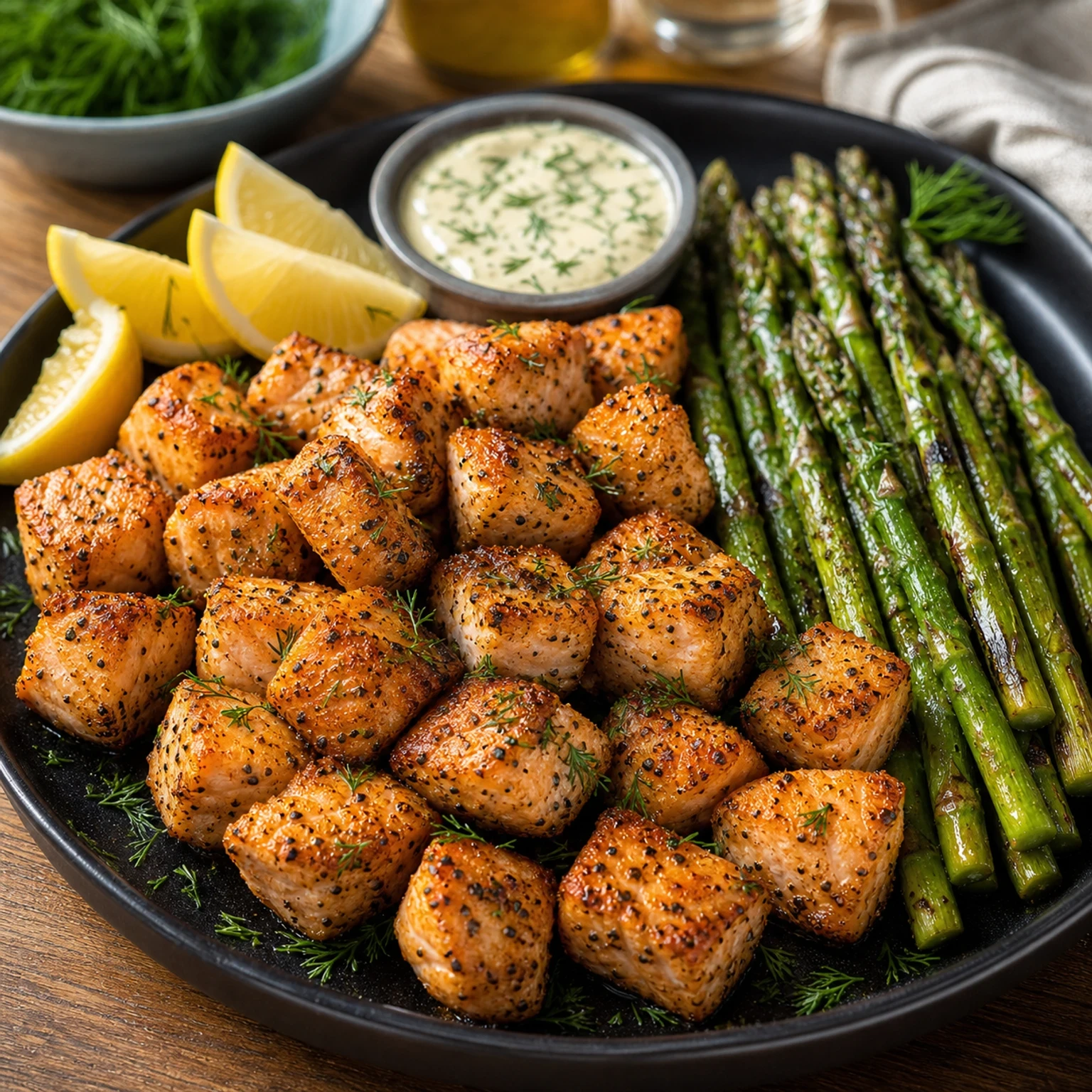 Air Fryer Father's Day Lemon Pepper Salmon Bites with Asparagus