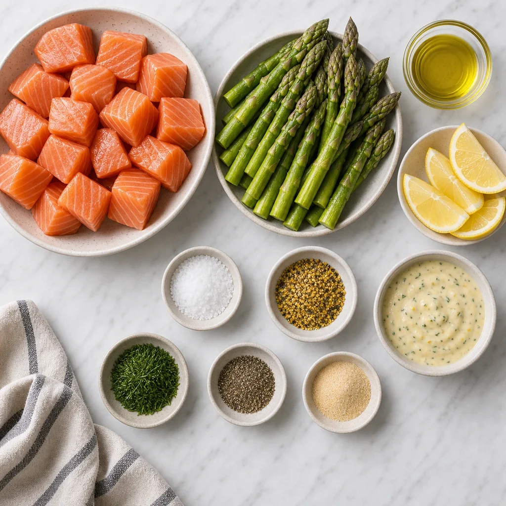 Ingredients for Air Fryer Father's Day Lemon Pepper Salmon Bites with Asparagus