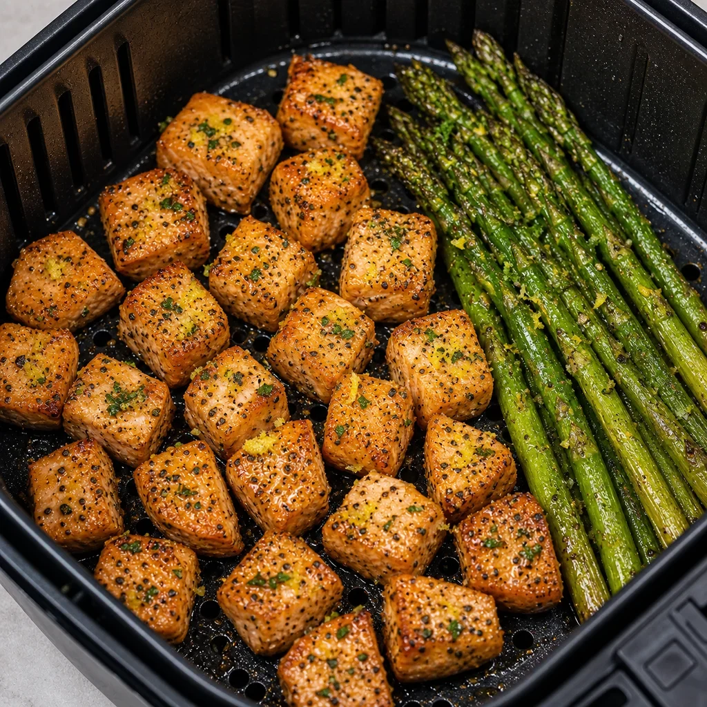 Air Fryer Father's Day Lemon Pepper Salmon Bites with Asparagus cooking in the air fryer