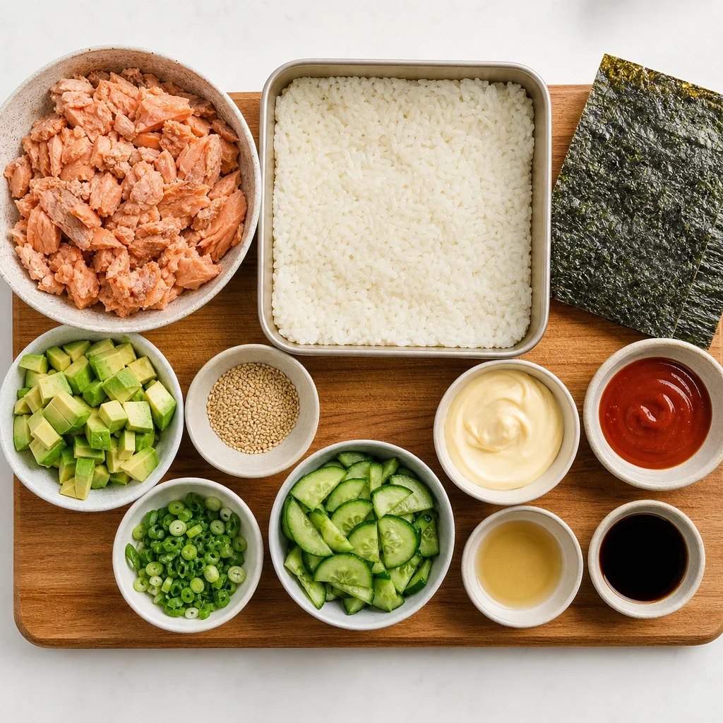 Ingredients for Air Fryer Canned Salmon Crispy Rice Bites